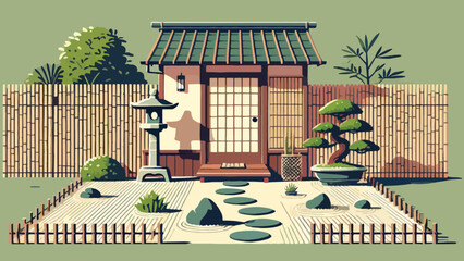 A serene front garden with raked gravel, a few strategically placed rocks, a small stone lantern, and a bonsai tree, surrounded by bamboo fencing, creating a peaceful Zen-like atmosphere