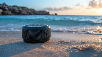 Portable speaker on sandy beach at sunset.