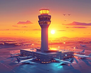 Obraz premium Radiant sunset casting golden light over a low poly airport terminal, sleek control tower standing tall, jets landing on a lively apron, stunning isometric composition