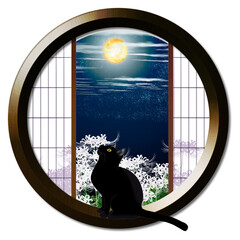 丸窓から見える曼珠沙華と月見する猫