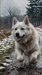 Obraz premium Energetic White Dog Running on a Snowy Path in a Winter Landscape