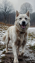 Obraz premium Energetic White Dog Running on a Snowy Path in a Winter Landscape