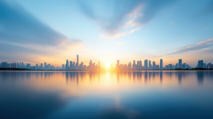 Fototapeta premium A city skyline is reflected in the water as the sun sets