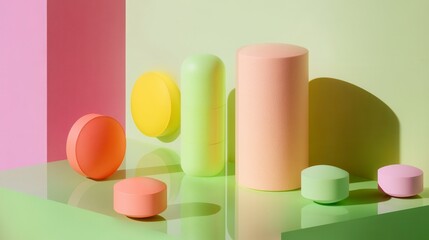 Fototapeta premium Green and pink cosmetic tubes and bottles of beauty liquids, including red and green lipstick containers, form a colorful product packaging design