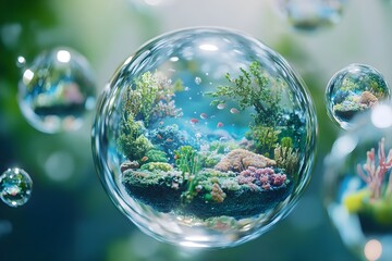 Globe made entirely of transparent water droplets, emphasizing the essential role of water in sustaining life