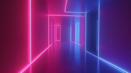 Fototapeta premium Neon Lights Illuminate Futuristic Corridor Doors