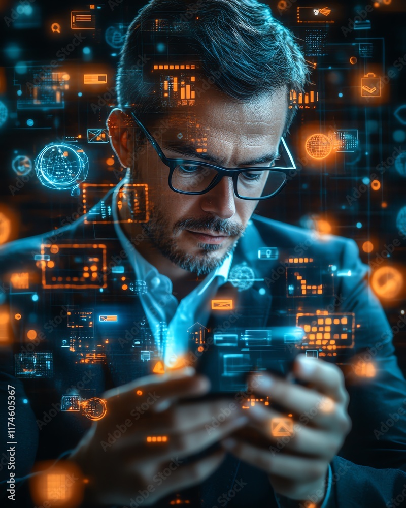Poster A professional businessman using a smartphone with floating digital icons around him