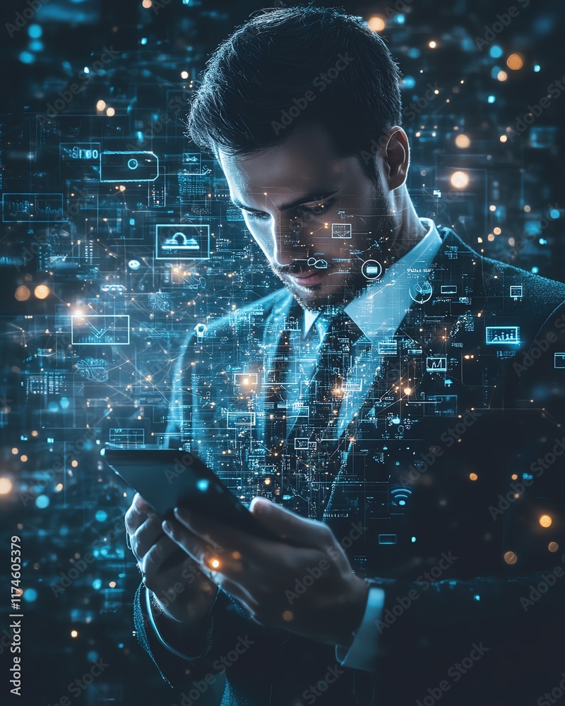 Poster a professional businessman using a smartphone with floating digital icons around him