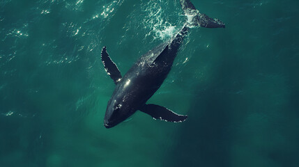 Fototapeta premium A majestic whale emerging from the deep ocean waters, creating a splash with its powerful tail, set against a vast blue horizon