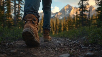 Hiking boots on trail leading to mountains