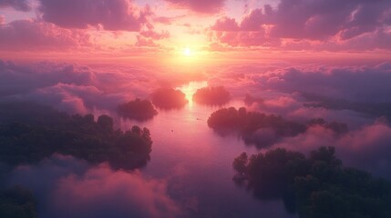 Fototapeta premium Aerial view of serene sunset over islands in pink clouds and calm water.