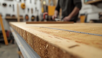 A skilled carpenter measuring a wooden plank with a ruler and pencil, focused on the marks, wooden table with tools and a saw in the background, DIY home improvement