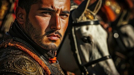 Pride of Spain: Close-Up Portrait of Historic Spanish Cavalry Unit in Authentic Military Attire