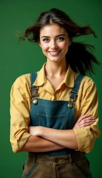 a vertical video of Pretty woman in blue overalls with a wrench. Suitable for construction, engineering, maintenance, DIY, industrial, or female empowerment concepts.