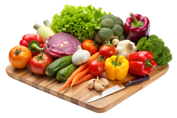 Organic vegetables on wooden cutting board, healthy food 
