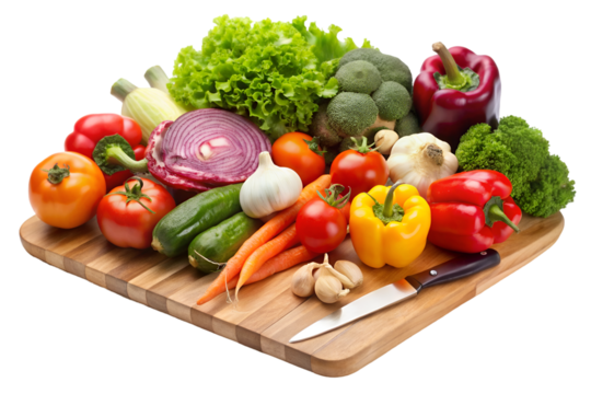 Organic vegetables on wooden cutting board, healthy food 