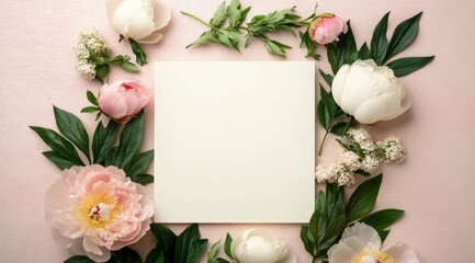 Peonies and green leaves against a blank paper on a pink background, top view of wedding invitation or card template banner design. Mockup for text or product display design