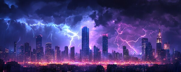 Obraz premium Powerful thunderstorm with lightning striking skyscrapers, dark clouds filling the sky, urban night scene with rain, electric atmosphere, highrise buildings glowing with light