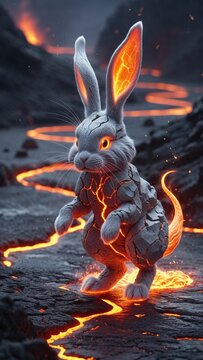 A bunny-lava hybrid, a perfect 50/50 blend of delicate charm and molten ferocity. Its compact body is sculpted from glowing volcanic rock, with cracks glowing a fiery orange-red. Its fur, where it exi