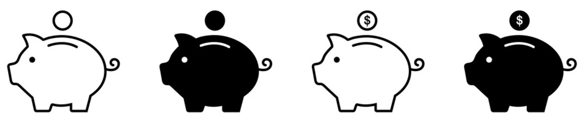 Piggy bank icon isolated set on white background. Money box symbol.  Saving bank icon. Pig and coin sign. Saving money. 