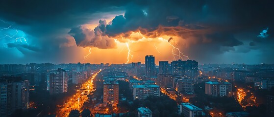 Obraz premium A dramatic thunderstorm over the city, highrise buildings illuminated by lightning strikes, dark clouds above, heavy rain, electric atmosphere with a mysterious night ambiance