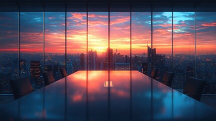 Stunning sunset cityscape view from modern office boardroom.