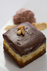 High-angle close-up of a chocolate cake slice with roasted peanuts, showcasing rich ganache and sponge layers.