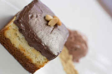 Chocolate cake slice with roasted peanut garnish, showcasing layers of sponge and creamy ganache.