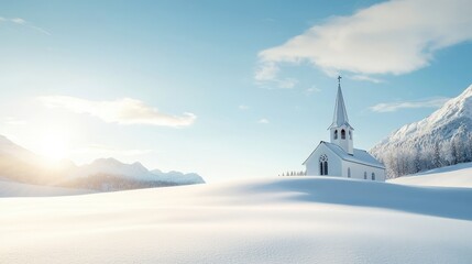 A church is in the snow with a beautiful view of the mountains