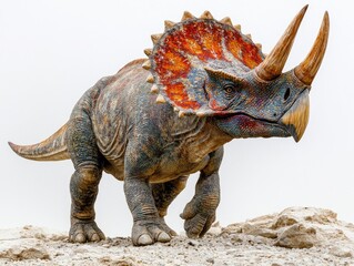 Fototapeta premium A colorful, realistic depiction of a dinosaur resembling a triceratops in a natural setting.