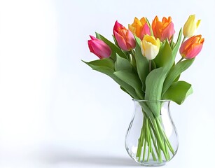 A bouquet of tulips of all colors, placed in a glass vase, stood alone against a white background.