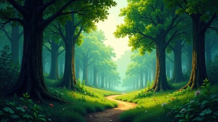 Obraz premium A Serene Path Winding Through a Lush, Enchanting Forest, Bathed in the Soft Glow of a Mystical Sunrise