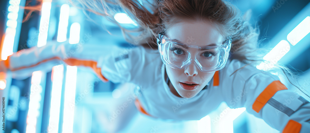 Poster woman in futuristic attire and safety goggles appears to be floating in high tech, illuminated envir