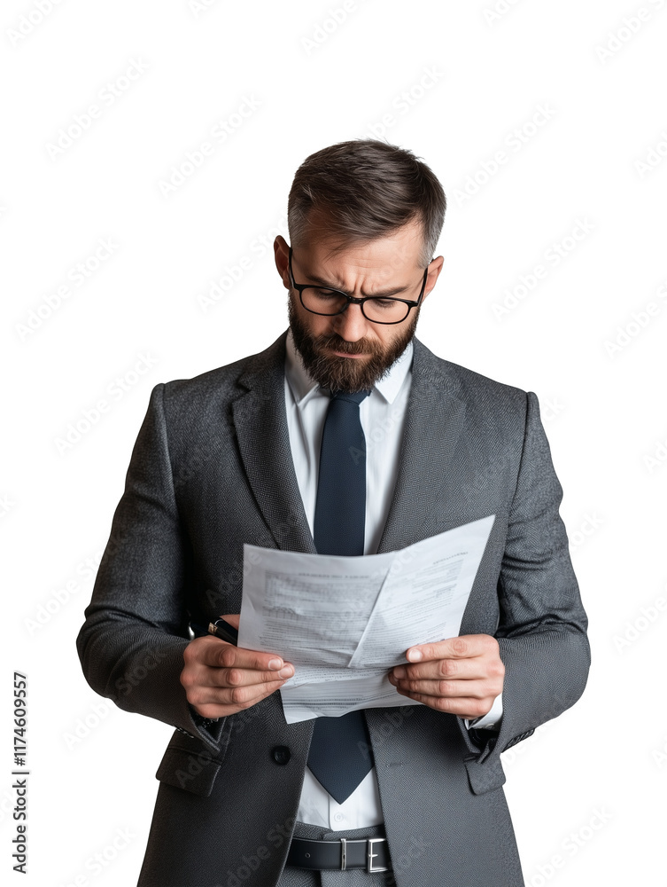 Poster man in formal suit and glasses reviews financial report with focused expression, isolated on transpa