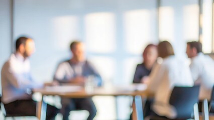 A soft blur of professionals discussing innovative ideas and strategies in a business meeting.
