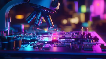 A colorful, close-up shot of a microscope examining a printed circuit board