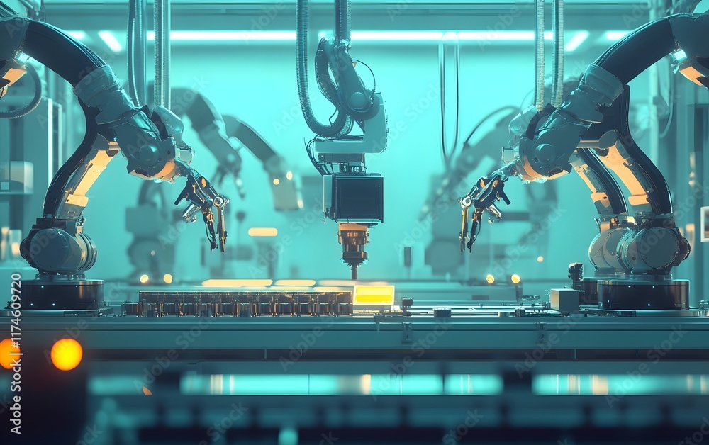 Poster a futuristic assembly line featuring high-tech robotic arms working with precision in an automated e