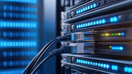 Close-Up View of Network Cables Connected to Server Rack in Data Center with Blue LED Lights