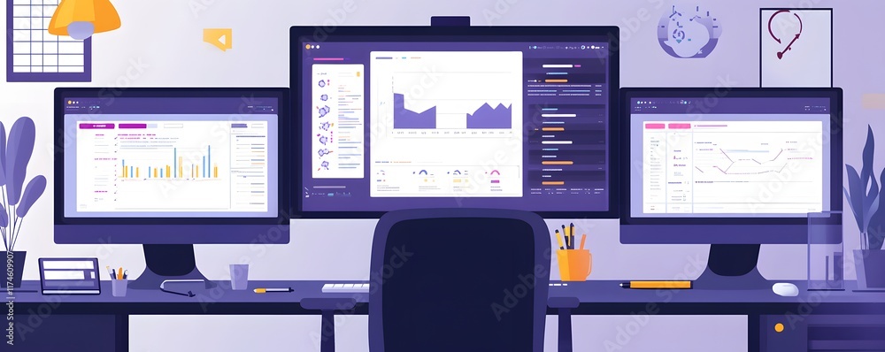 Poster a modern workspace featuring multiple monitors displaying data analytics and graphs. the sleek desig