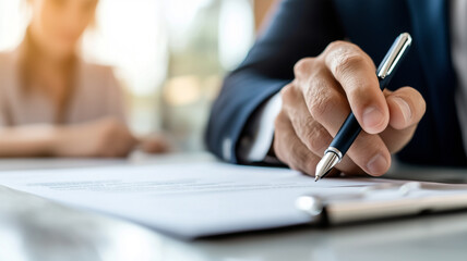 close up of person signing document with pen, symbolizing agreement or contract completion in professional setting. blurred background adds focus to action