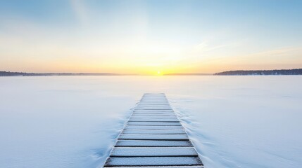 Obraz premium A wooden bridge spans a frozen lake