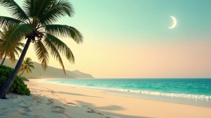 Obraz premium Serene coastal scene at dawn with palm trees and crescent moon in pastel sky
