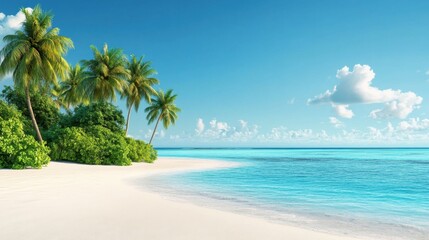 Obraz premium Tropical Paradise with Palm Trees and Clear Blue Ocean Under Bright Sunny Sky