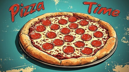 Cheesy pizza background with vibrant toppings, ideal for creating a delicious visual, suitable for marketing, comic book illustration style