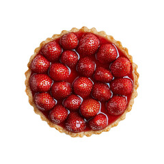 top view of strawberry tart on round porcelain plate, featuring fresh strawberries and glossy glaze, perfect for dessert lovers