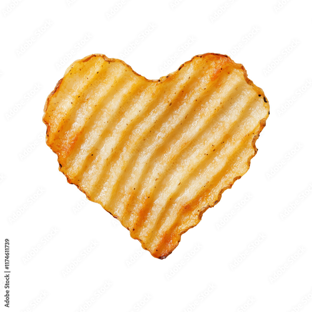 Poster heart shaped potato chip with ridges, isolated on transparency background, showcasing crispy and gol