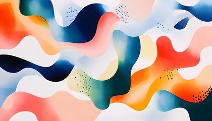 A vibrant and colorful abstract design featuring fluid shapes and waves. The artwork combines warm and cool tones, creating a dynamic and eye-catching visual experience.