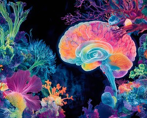 Obraz premium A vibrant and surreal illustration merging brain anatomy with colorful coral ecosystems, showcasing a striking visual representation of creativity and cognition in nature.