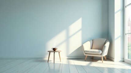 Serene Minimalist Room Interior Design with Sunlight Streaming Through Window and Comfortable Armchair