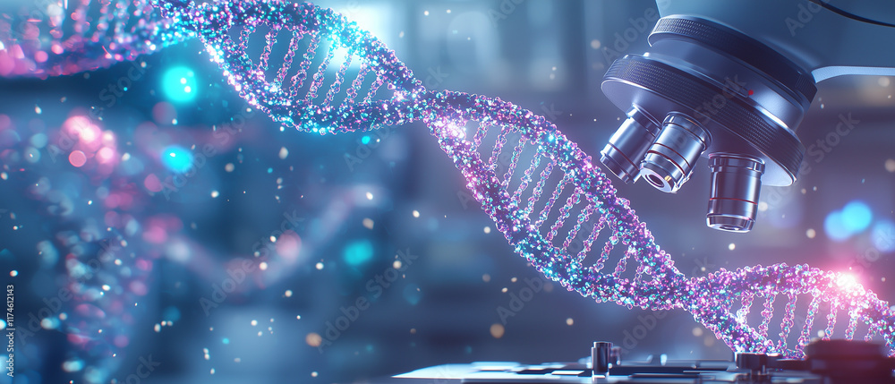 Poster glowing holographic dna strand under microscope in futuristic laboratory, symbolizing advanced genet